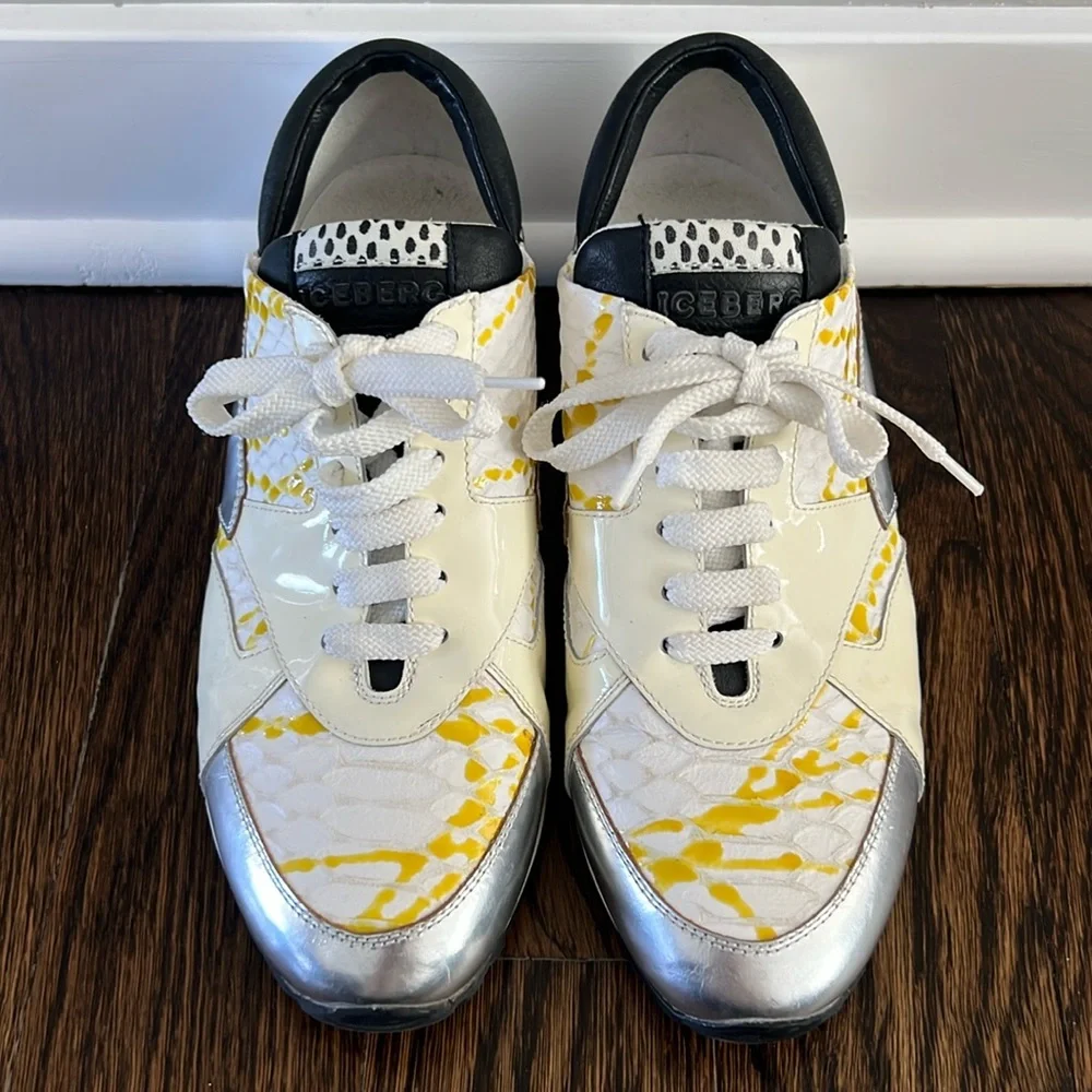 Iceberg Women's Sneakers w/ reptile skin and yellow paint platter, size 37 (6.5)